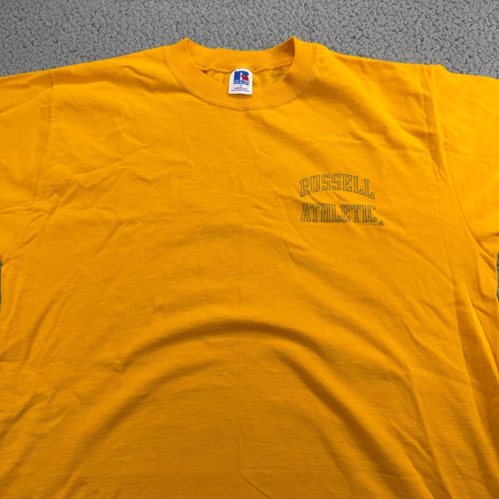 Vintage Russell Athletic T Shirt Mens Large Gold Yellow Cotton Made in USA Logo